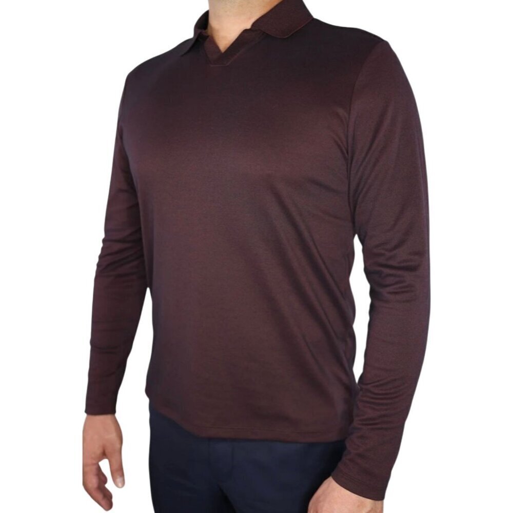 ROBERT BARAKETT Burgundy Adison Open Collar Polo Long Sleeve Pima Cotton Blend m
